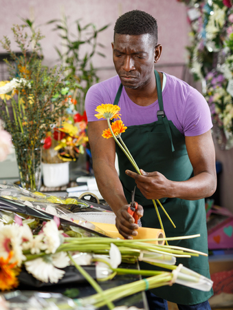Experienced African American male florist checking and preparing fresh gerberas for bouquet in his floral shopの写真素材