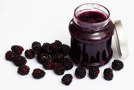 Glass jar of blackberry jam. Summer dishの写真素材