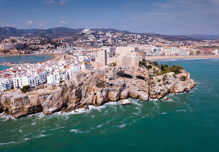 Aerial view of coastline and medieval castle Peniscola, Spainのeditorial素材