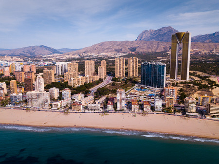 Panoramic aerial view of  coast line at Benidorm with view of buildings and sea, Spainの写真素材