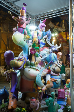 Valencia, Spain - March 18, 2019: Huge colorful dolls made of cardboard, paper-mache and polystyrene...