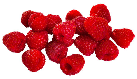 Close up of ripe red  raspberries, nobody. Isolated over white background