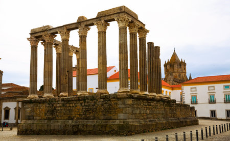 Bottom view of famous Roman temple of Evora, Portugal