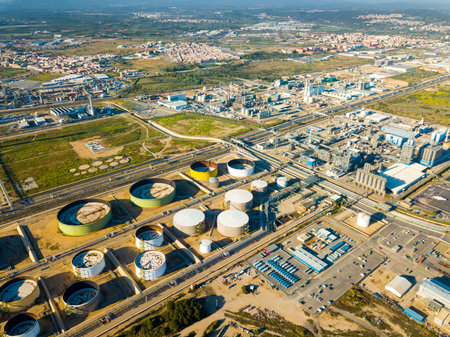 Aerial view of  district near  Reus city with chemical plant, Spain