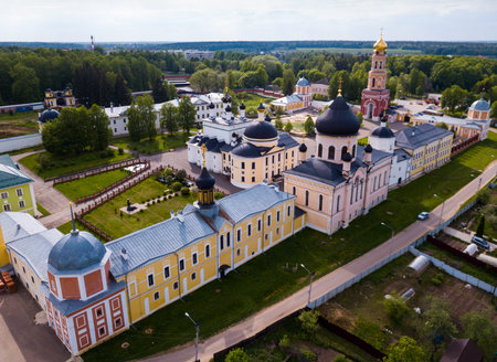 Scenic rural landscape with medieval Voznesensky Davidovsky Monastery in village of Novy Byt,...
