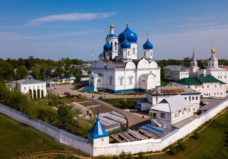 Scenic spring landscape overlooking female Orthodox monastery in village of Bogolyubovo, Suzdal...