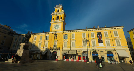 PARMA, ITALY - DECEMBER 05, 2017: View of Governor Palace on Garibaldi square in sunny winter day