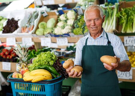 Senior male seller in apron putting fresh products on shelves in greengroceryの写真素材