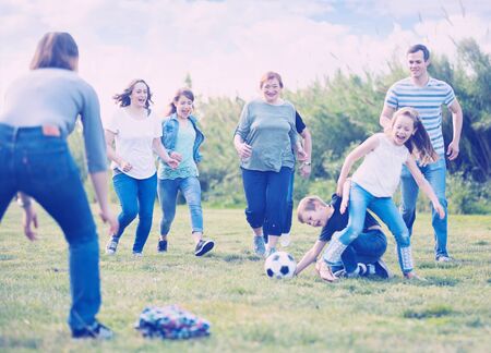 Cheerful males and females kicking the ball on green lawnの写真素材