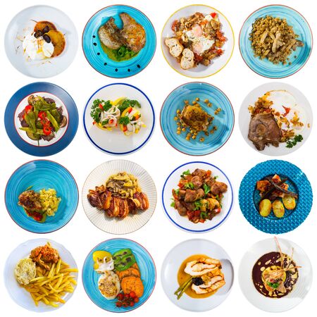 Collage of delicious cooked dishes on round plates isolated on whiteの写真素材