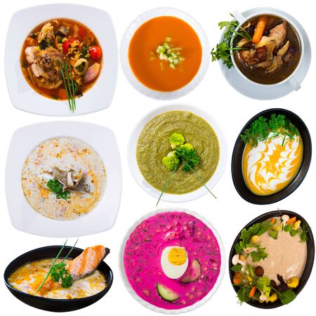 Big set of soups from worldwide cuisines on white backgroundの写真素材