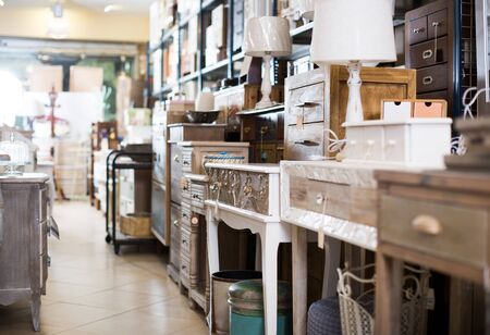 variety of vintage furniture and home design objects in shopの写真素材