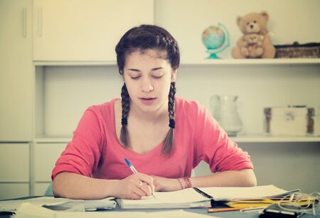 Young female student studying productively alone at homeの写真素材