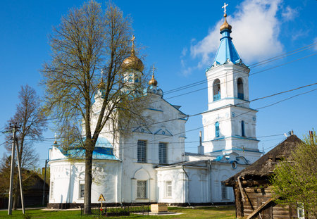 Picturesque countryside of Russian town of Belyov with Orthodox Church of Nativity of Blessed Virgin...