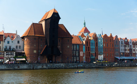 GDANSK, POLAND - MAY 12, 2018: Image of embankment in historical part of Gdansk at sunny day, Poland