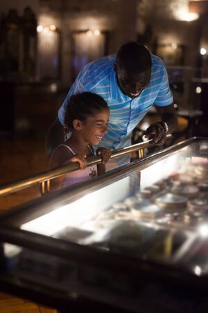 African American father and daughter looking at stands with exhibits at historical museumの写真素材