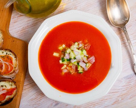 National Spanish tomato soup Gazpacho served with canapeの写真素材