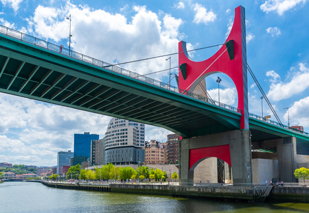 Modern bridge of La Salve crossing over the nervion river at Bilbao, Spainのeditorial素材