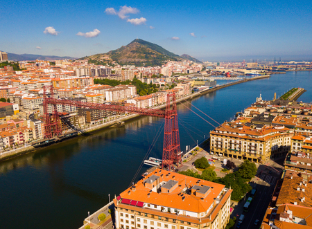 Aerial view of modern Vizcaya bridge crossing  river at Portugalete, Spainのeditorial素材