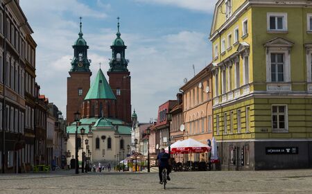 GNIEZNO, POLAND - MAY 11, 2018: View of central street with Roman Catholic Gniezno Cathedralのeditorial素材
