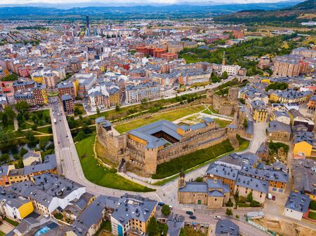 Aerial panoramic view of small Spanish city of Ponferrada overlooking ancient Templar castleの写真素材