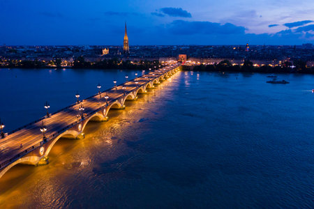Night view from the drone on the Bordeaux. Franceの写真素材