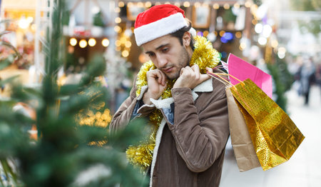 Young man choosing decorations and Christmas tree at Christmas marketの写真素材