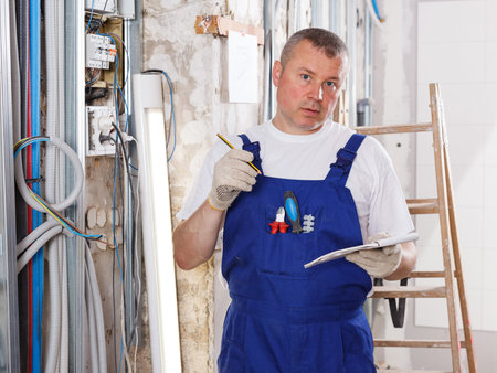 Confident builder handyman examining room and planning construction worksの写真素材