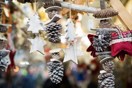 Handmade wooden Christmas toys on the street marketの写真素材