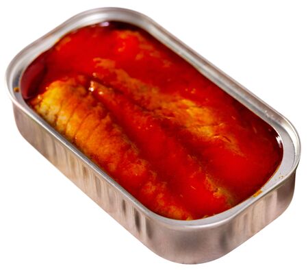Canned sea fish, mackerel fillets in tomato. Isolated over white backgroundの写真素材