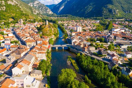Aerial view of historical center of French town Tarascon-sur-Ariegeの写真素材