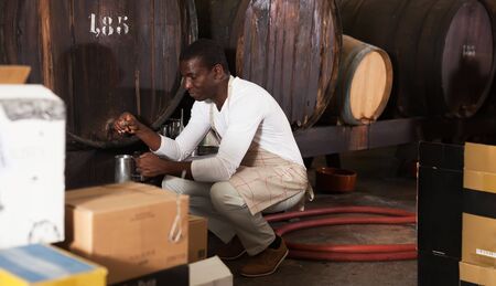 Confident male sommelier pouring wine to mug for tastingの写真素材