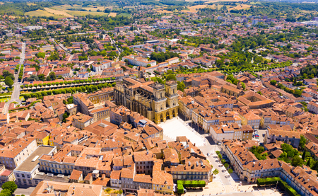 Aerial view of Auch cityscape overlooking medieval Gothic building of Sainte-Marie Cathedral on summer day, Franceのeditorial素材