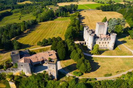 Aerial view of Chateau de Roquetaillade, medieval castle in commune of Mazeres in Gironde departement, Franceのeditorial素材