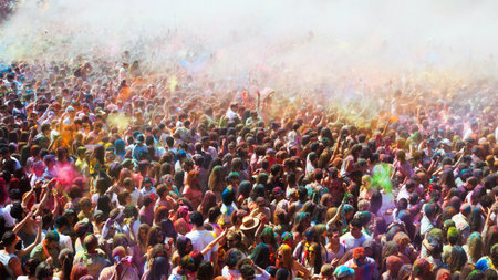 BARCELONA, SPAIN - APRIL 12, 2015: Many dirty people during   Festival de los colores Holi at...