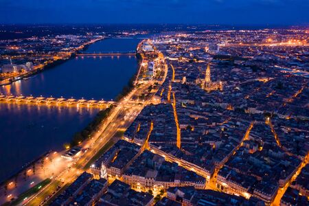 Night aerial view of historic centre of Bordeaux. Franceの写真素材