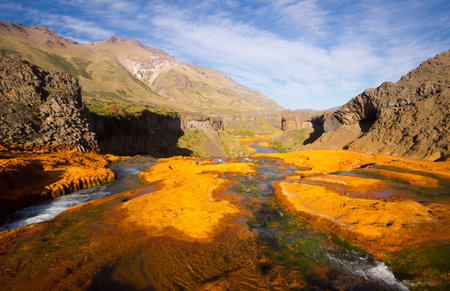 View of Agrio river in stony valley near Salto del Agrio waterfall. Patagonia, Argentina