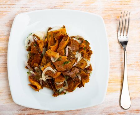 Delicious salted mushrooms with onions and dillの写真素材