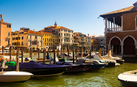 Panorama of Grand canal with boats and gondolas on sunny summer day in Venice. Italyのeditorial素材