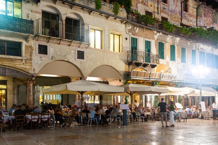 Illuminated cityscape and night life of italian city of Veronaのeditorial素材