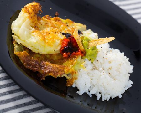 Breaded cabbage leaves with tomato and avocado sauces and garnish of rice on black dish

の写真素材