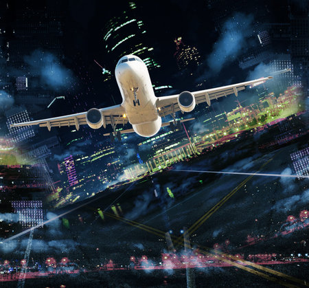 Airplane flying high in colored background with cityscape