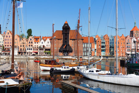 Beautiful day  of Motlawa river embankment in historical part of Gdansk, Poland