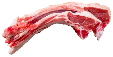 Ingredients for cooking. Fresh raw lamb rib chops. Isolated over white backgroundの写真素材