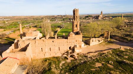Aerial view of destroyed old church of Spanish town Belchite の写真素材