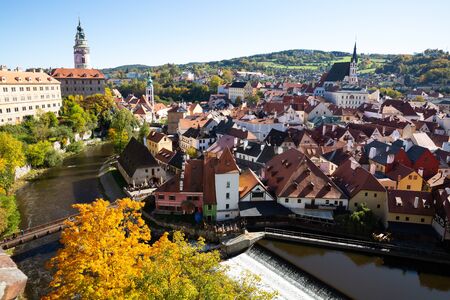 CESKY KRUMLOV, CZECH REPUBLIC - OCTOBER 12, 2019: Picturesque view of old buildings of Cesky Krumlov cityscape with Vltava river, Czech Republicのeditorial素材