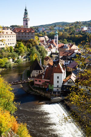 Cesky Krumlov, Czech Republic - October 12, 2019: Ancient historical houses in Cesky Krumlov....