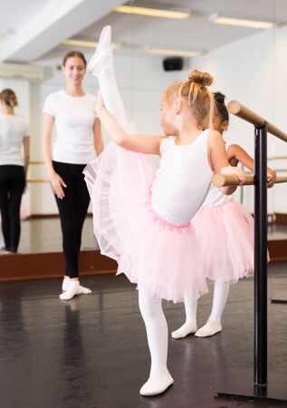 Young female classical dance teacher helping her little girls students in ballet classの写真素材