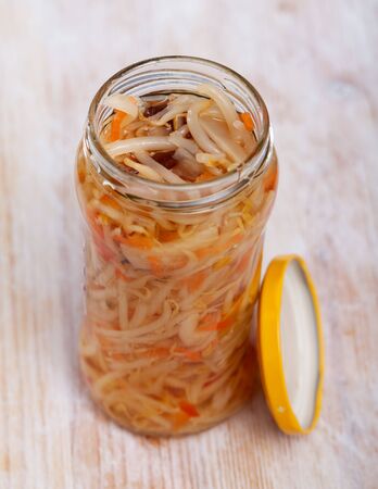 Chinese salad with sprouted mung beans in glass bankの写真素材