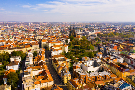 Autumn cityscape of Brno with famous gothic Cathedral of Saints Peter and Paul on sunny day, Czech Republicのeditorial素材